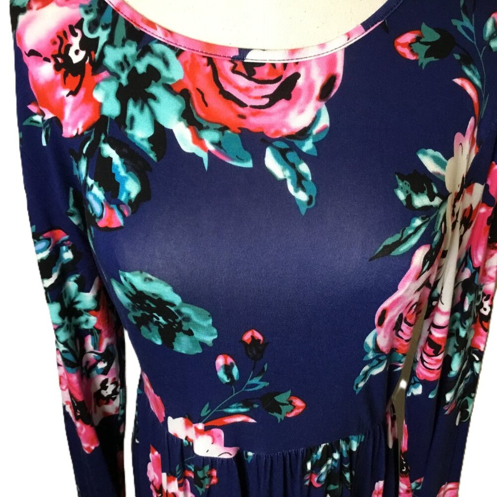 DB MOON Women Casual Long Sleeve Floral Dress‎ Empire Waist Pockets